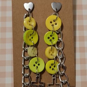 Button & Chain Dangle Earrings in Yellow and Lime